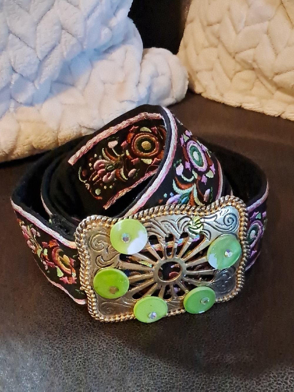Women's Textile Ribbon Embroidered Belt Square Metal Embellished Buckle Boho